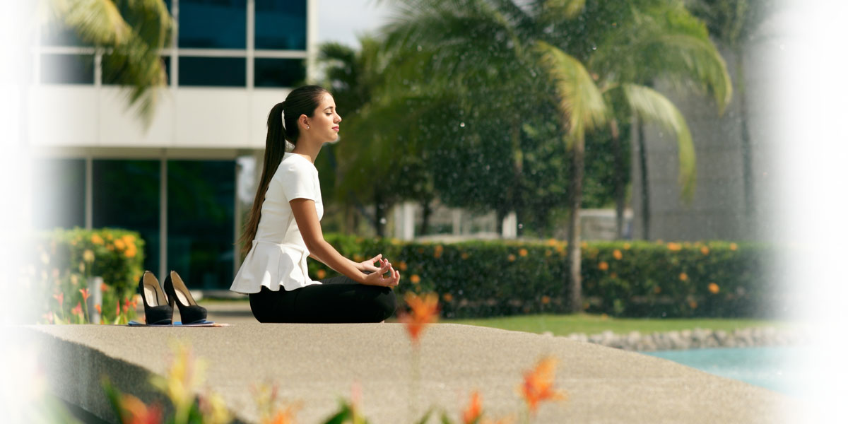 Relax Business Woman Yoga Lotus Position Outside Office Building